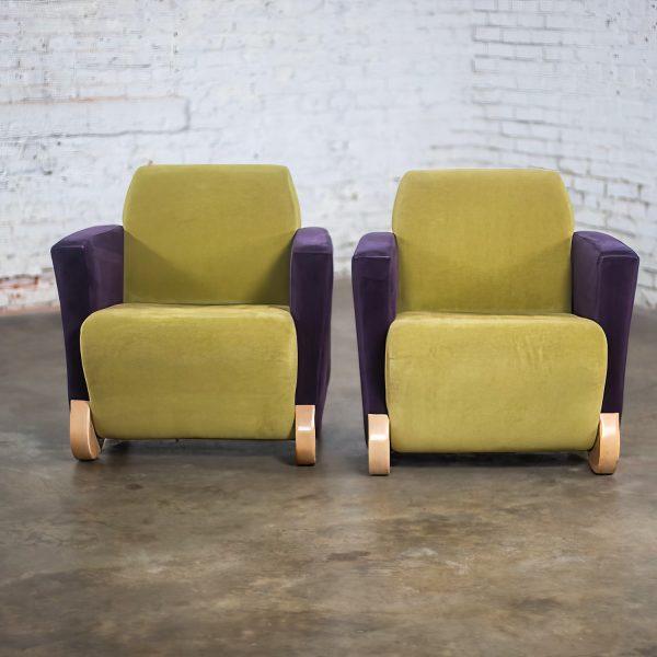 Postmodern Pair of Martin/Brattrud Think Fast Lounge or Club Chairs w/Purple & Green Maharam Mohair Fabric