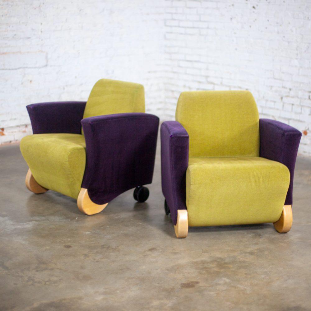 Postmodern Pair of Martin/Brattrud Think Fast Lounge or Club Chairs w/Purple & Green Maharam Mohair Fabric
