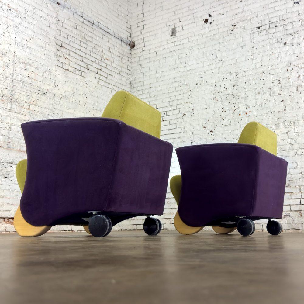Postmodern Pair of Martin/Brattrud Think Fast Lounge or Club Chairs w/Purple & Green Maharam Mohair Fabric
