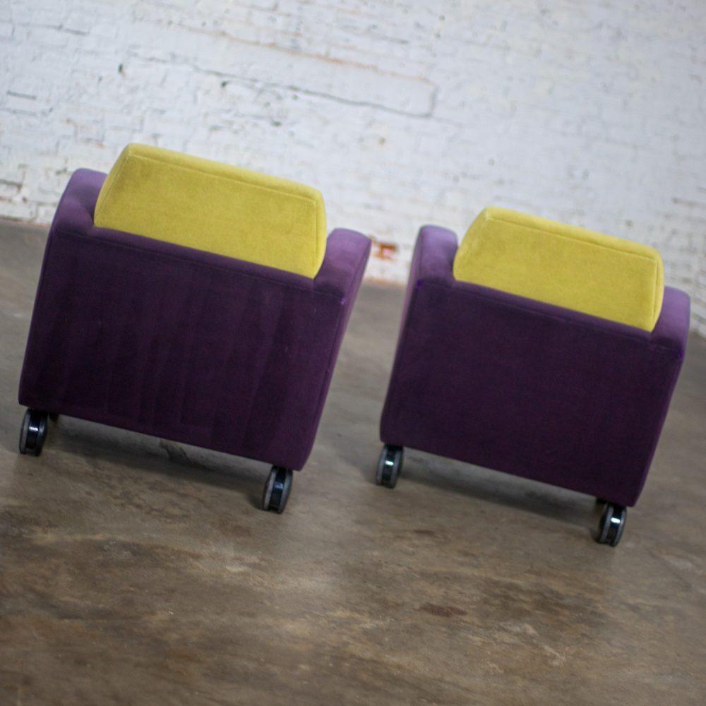 Postmodern Pair of Martin/Brattrud Think Fast Lounge or Club Chairs w/Purple & Green Maharam Mohair Fabric