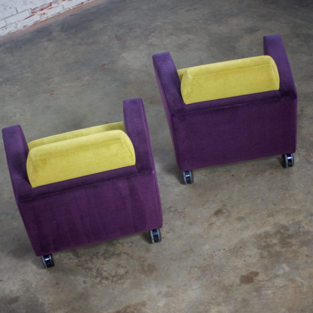 Postmodern Pair of Martin/Brattrud Think Fast Lounge or Club Chairs w/Purple & Green Maharam Mohair Fabric