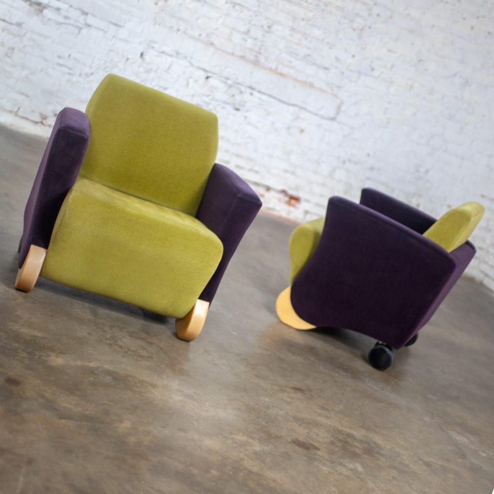 Postmodern Pair of Martin/Brattrud Think Fast Lounge or Club Chairs w/Purple & Green Maharam Mohair Fabric