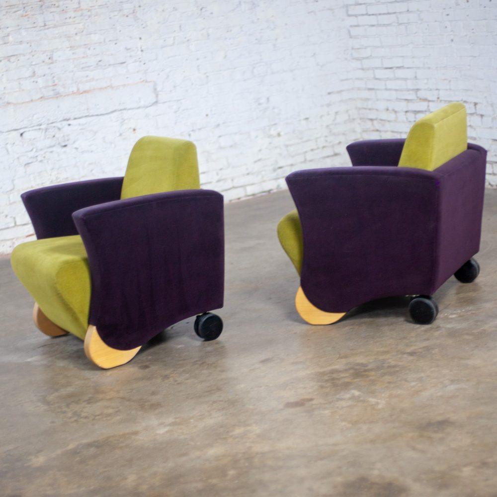 Postmodern Pair of Martin/Brattrud Think Fast Lounge or Club Chairs w/Purple & Green Maharam Mohair Fabric