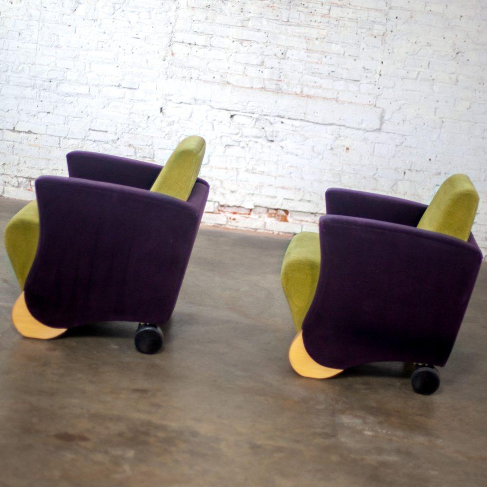 Postmodern Pair of Martin/Brattrud Think Fast Lounge or Club Chairs w/Purple & Green Maharam Mohair Fabric