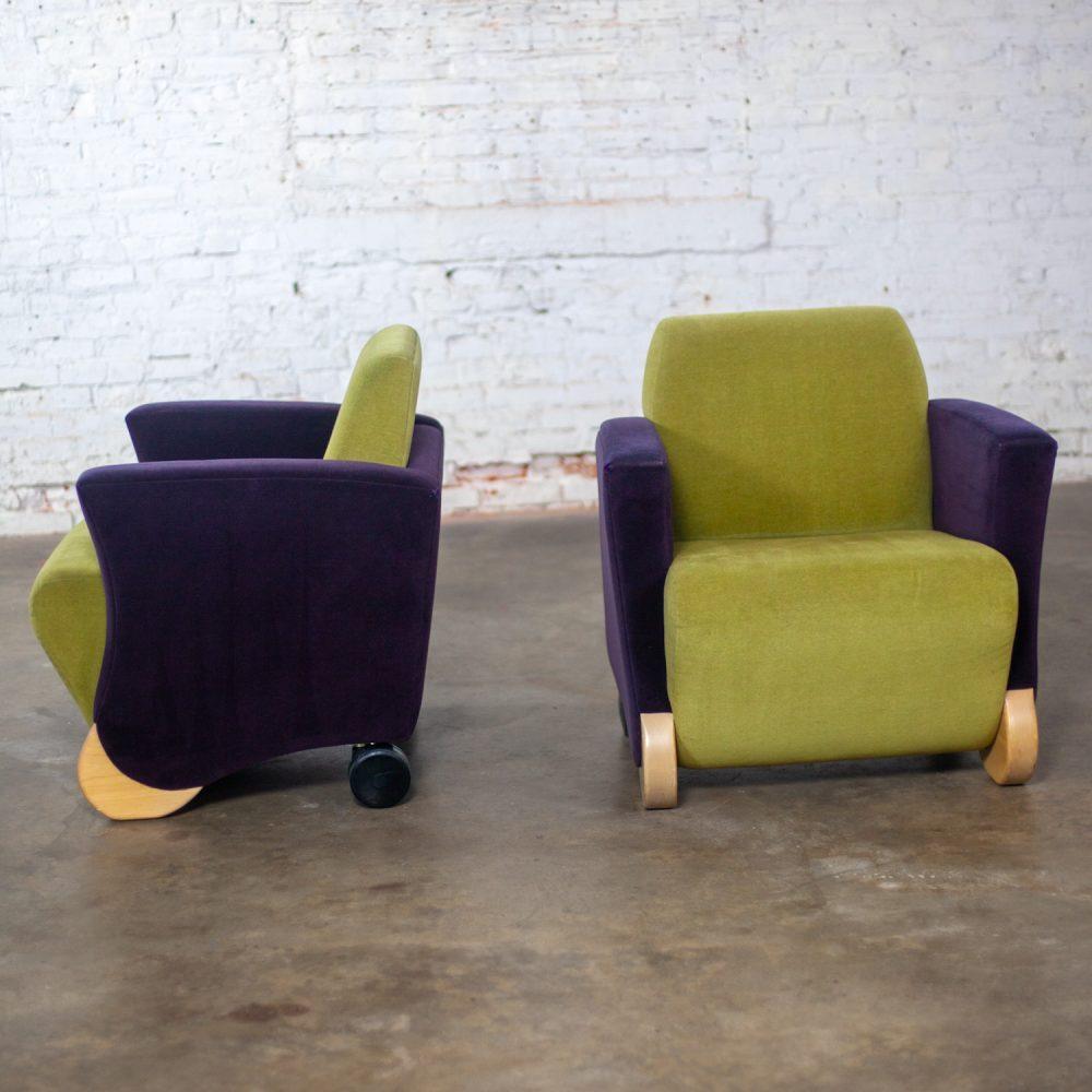 Postmodern Pair of Martin/Brattrud Think Fast Lounge or Club Chairs w/Purple & Green Maharam Mohair Fabric
