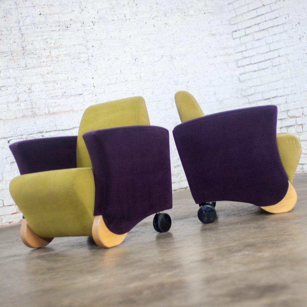 Postmodern Pair of Martin/Brattrud Think Fast Lounge or Club Chairs w/Purple & Green Maharam Mohair Fabric