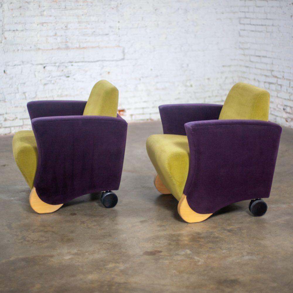 Postmodern Pair of Martin/Brattrud Think Fast Lounge or Club Chairs w/Purple & Green Maharam Mohair Fabric