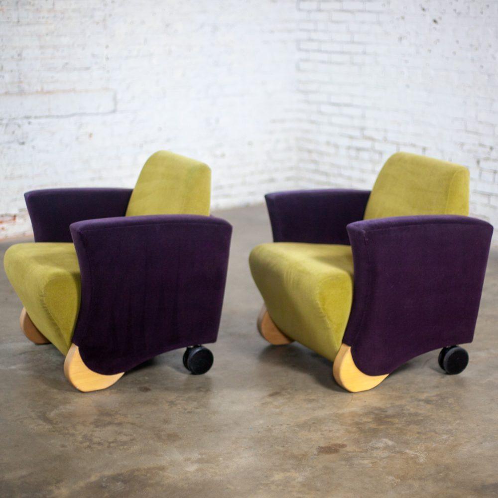 Postmodern Pair of Martin/Brattrud Think Fast Lounge or Club Chairs w/Purple & Green Maharam Mohair Fabric