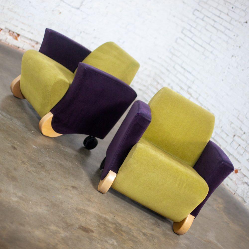 Postmodern Pair of Martin/Brattrud Think Fast Lounge or Club Chairs w/Purple & Green Maharam Mohair Fabric