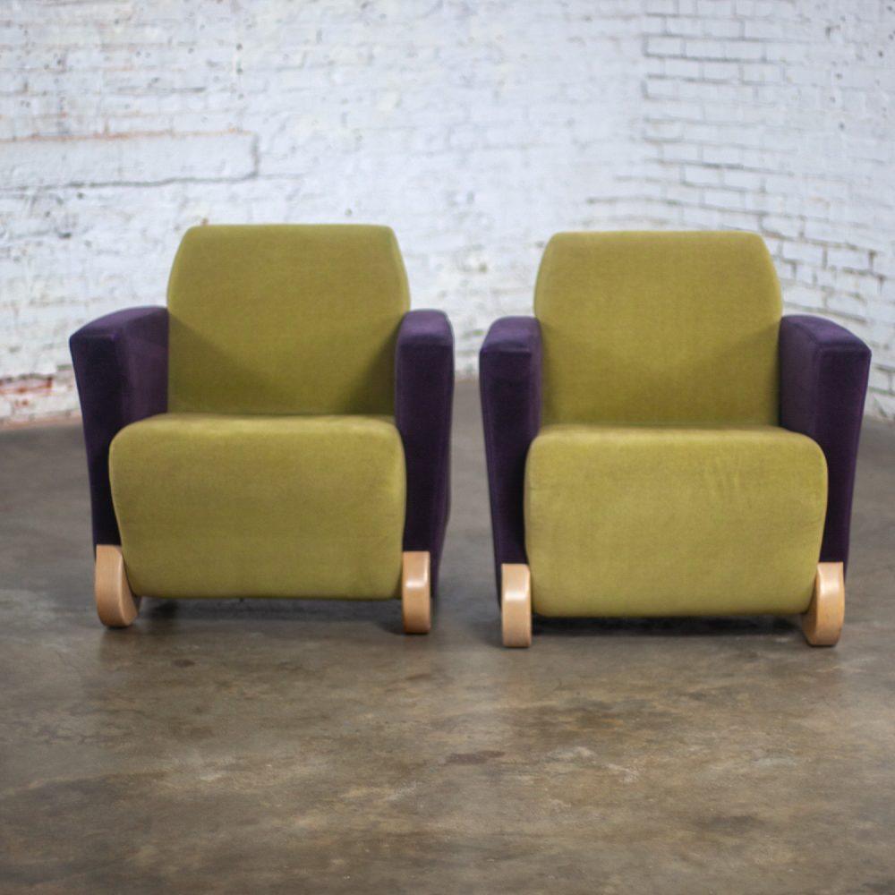 Postmodern Pair of Martin/Brattrud Think Fast Lounge or Club Chairs w/Purple & Green Maharam Mohair Fabric
