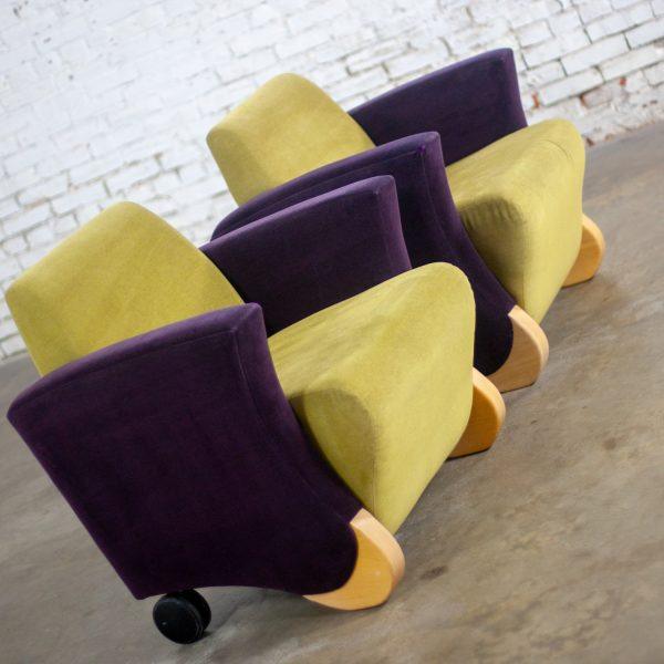 Postmodern Pair of Martin/Brattrud Think Fast Lounge or Club Chairs w/Purple & Green Maharam Mohair Fabric