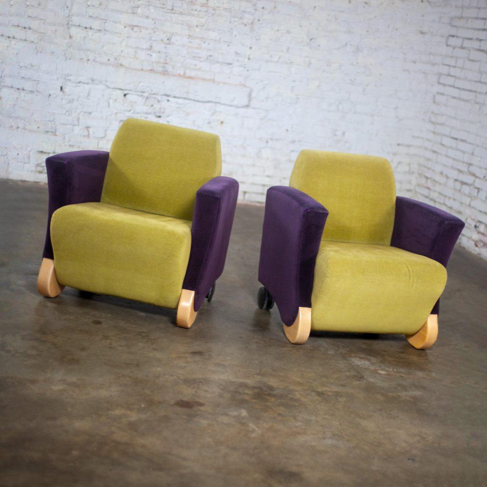 Postmodern Pair of Martin/Brattrud Think Fast Lounge or Club Chairs w/Purple & Green Maharam Mohair Fabric