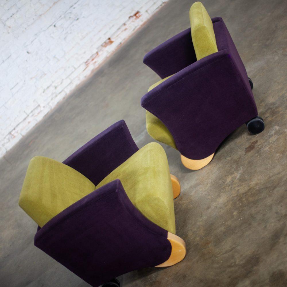 Postmodern Pair of Martin/Brattrud Think Fast Lounge or Club Chairs w/Purple & Green Maharam Mohair Fabric