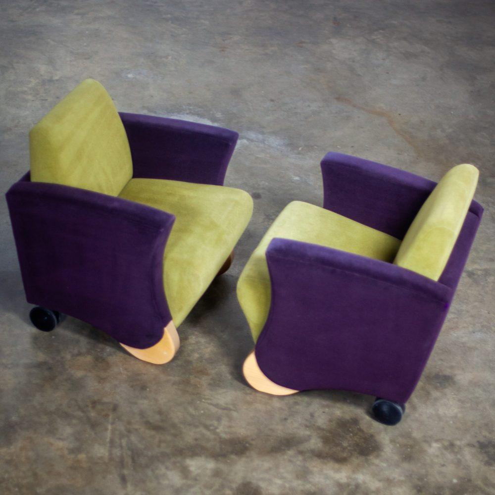 Postmodern Pair of Martin/Brattrud Think Fast Lounge or Club Chairs w/Purple & Green Maharam Mohair Fabric
