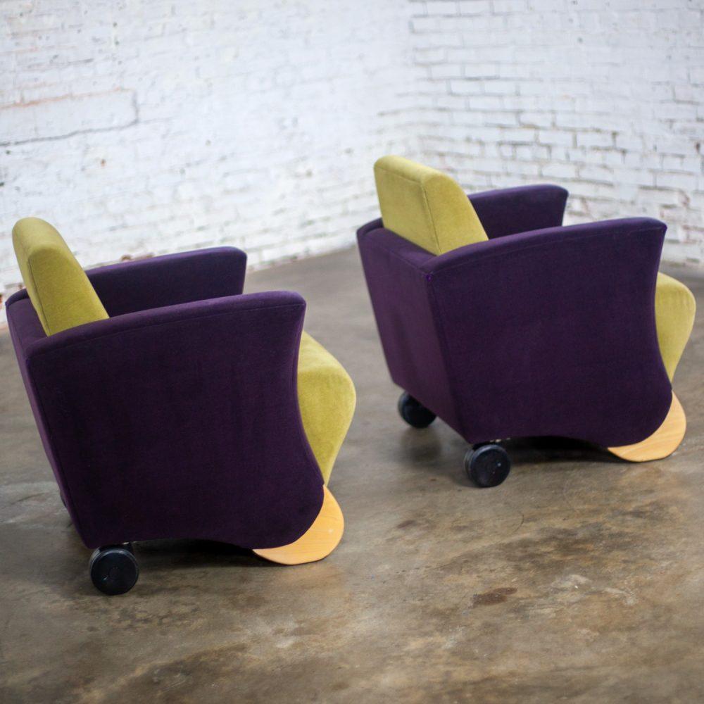 Postmodern Pair of Martin/Brattrud Think Fast Lounge or Club Chairs w/Purple & Green Maharam Mohair Fabric