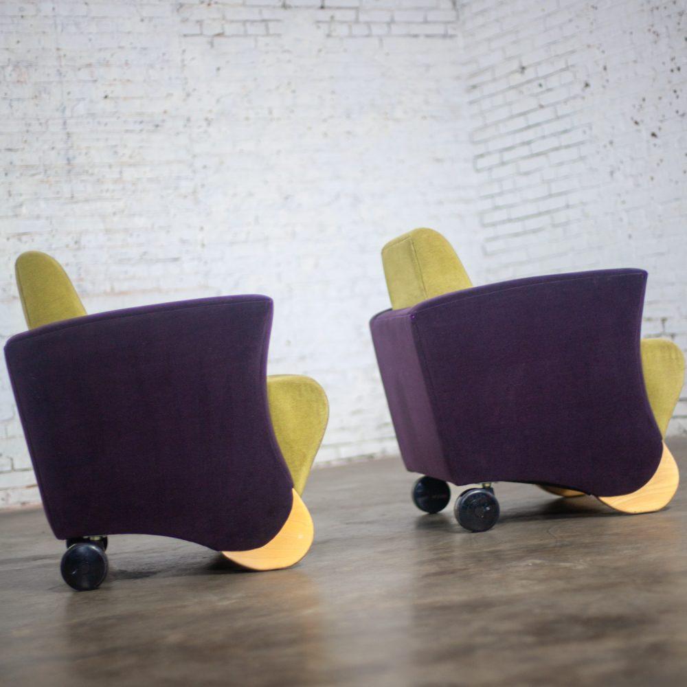 Postmodern Pair of Martin/Brattrud Think Fast Lounge or Club Chairs w/Purple & Green Maharam Mohair Fabric