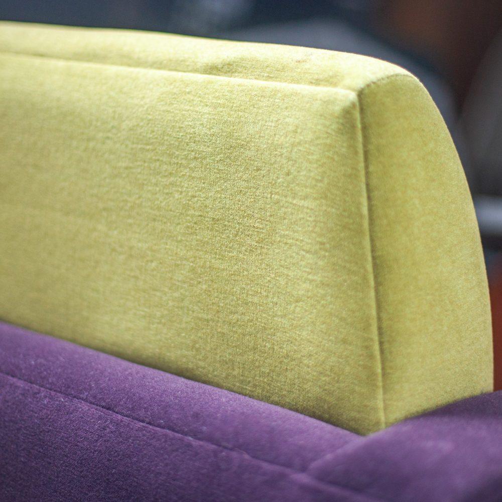 Postmodern Pair of Martin/Brattrud Think Fast Lounge or Club Chairs w/Purple & Green Maharam Mohair Fabric