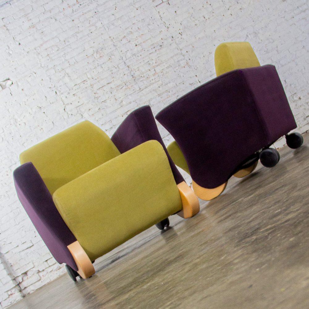 Postmodern Pair of Martin/Brattrud Think Fast Lounge or Club Chairs w/Purple & Green Maharam Mohair Fabric