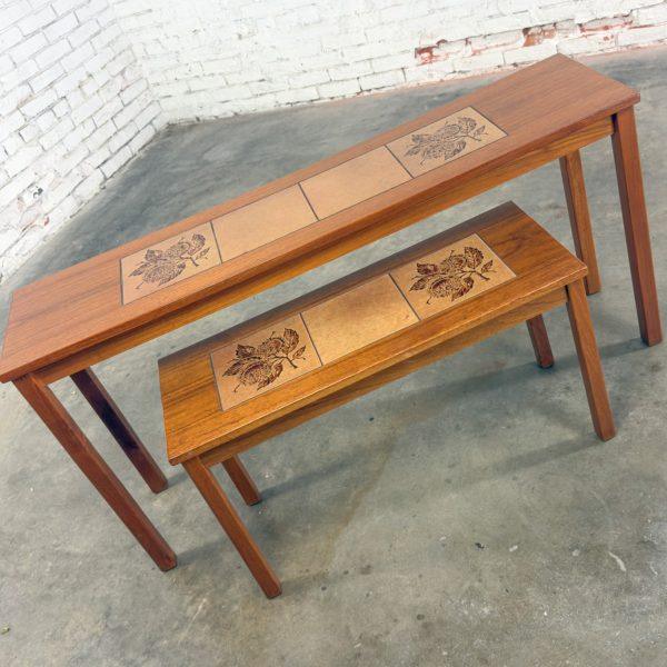 Late-20th Century Scandinavian Modern Pair of Teak Nesting Sofa Console Tables w/Tile Insert Tops