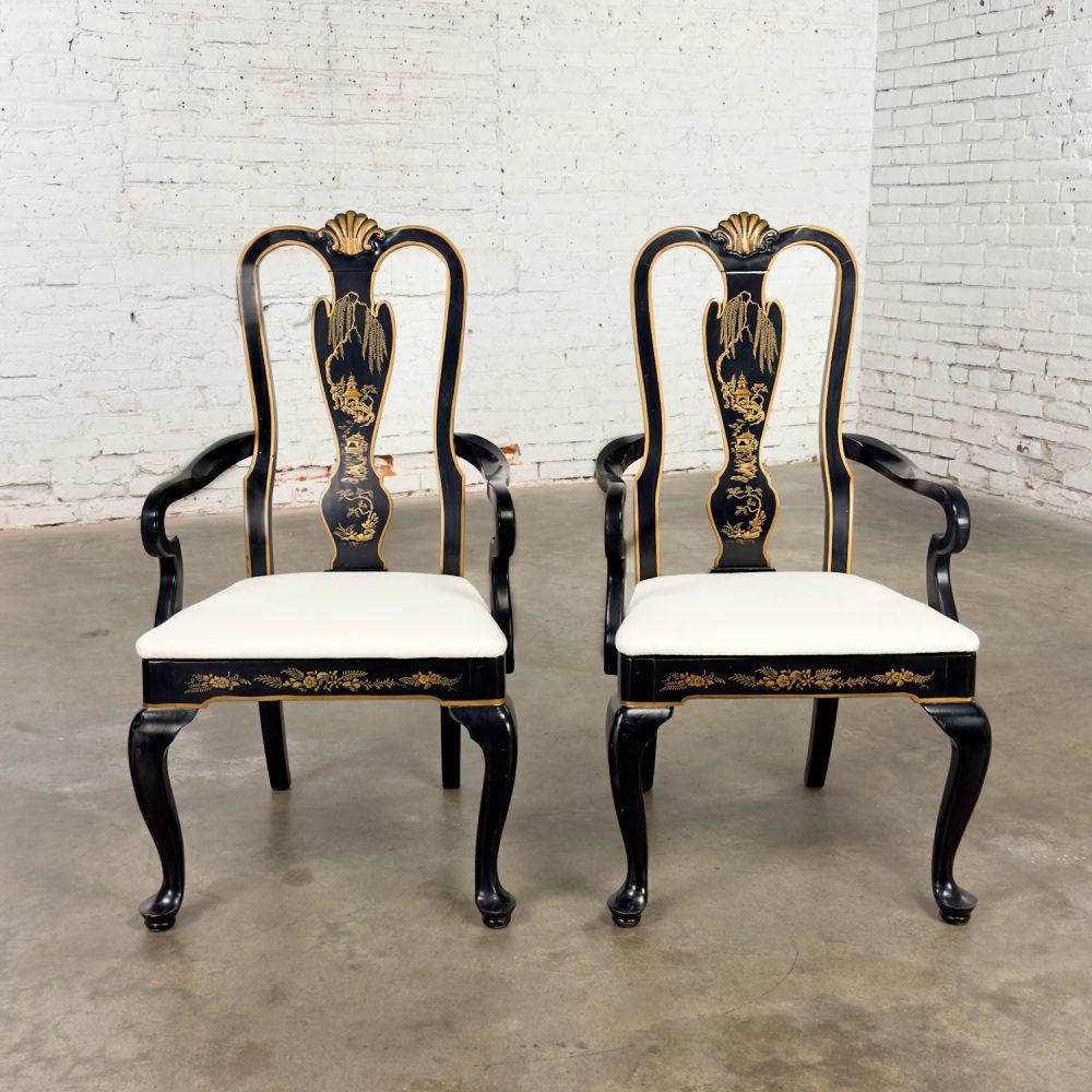 Mid-20th Century Chinoiserie & Georgian Style Pair of Host & Hostess Armchairs Black Lacquer Frames