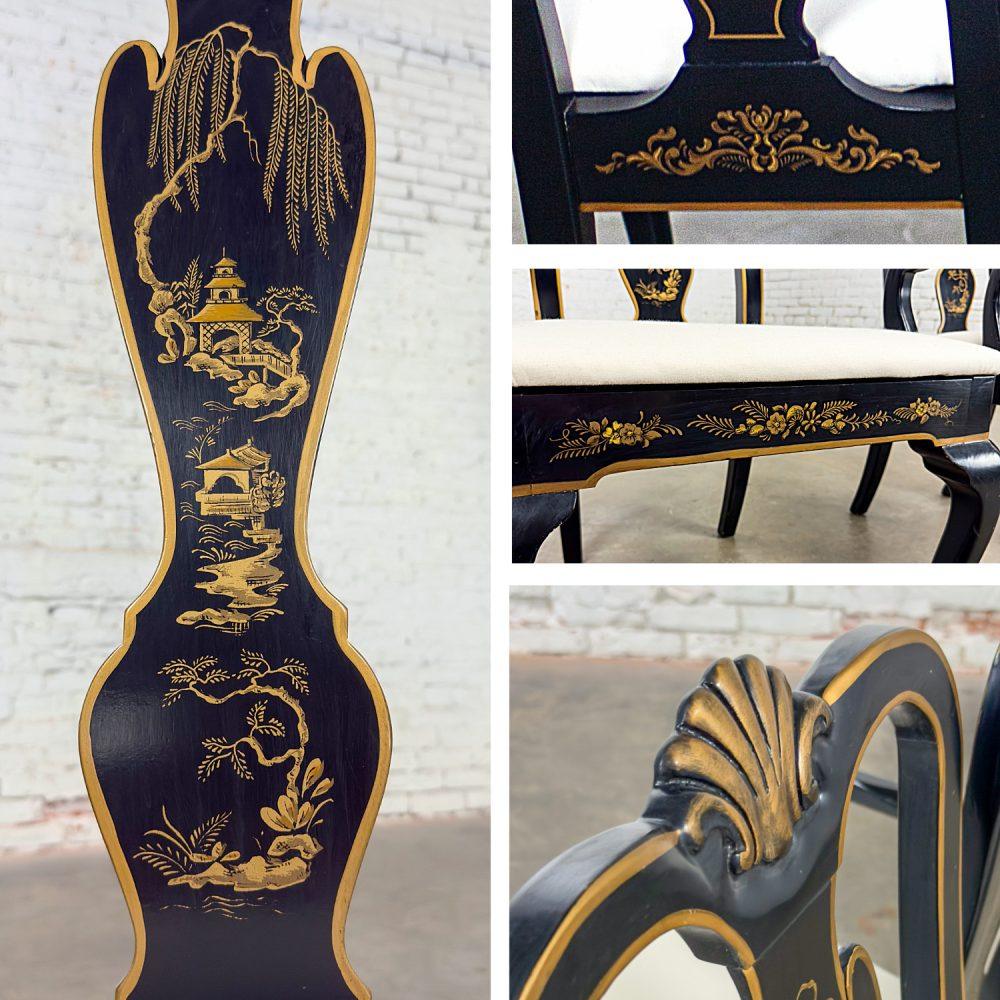 Mid-20th Century Chinoiserie & Georgian Style Pair of Host & Hostess Armchairs Black Lacquer Frames