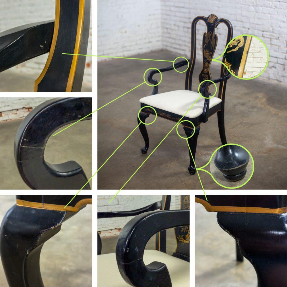 Mid-20th Century Chinoiserie & Georgian Style Pair of Host & Hostess Armchairs Black Lacquer Frames