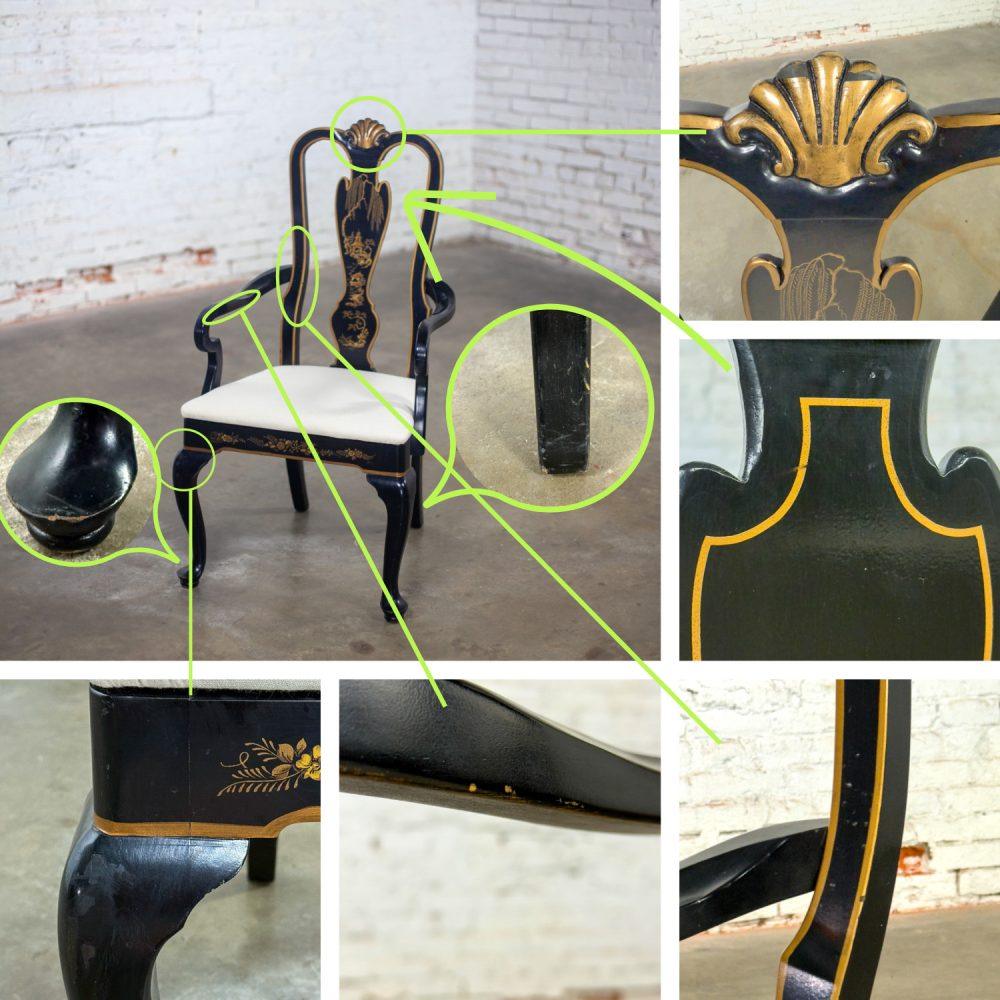 Mid-20th Century Chinoiserie & Georgian Style Pair of Host & Hostess Armchairs Black Lacquer Frames
