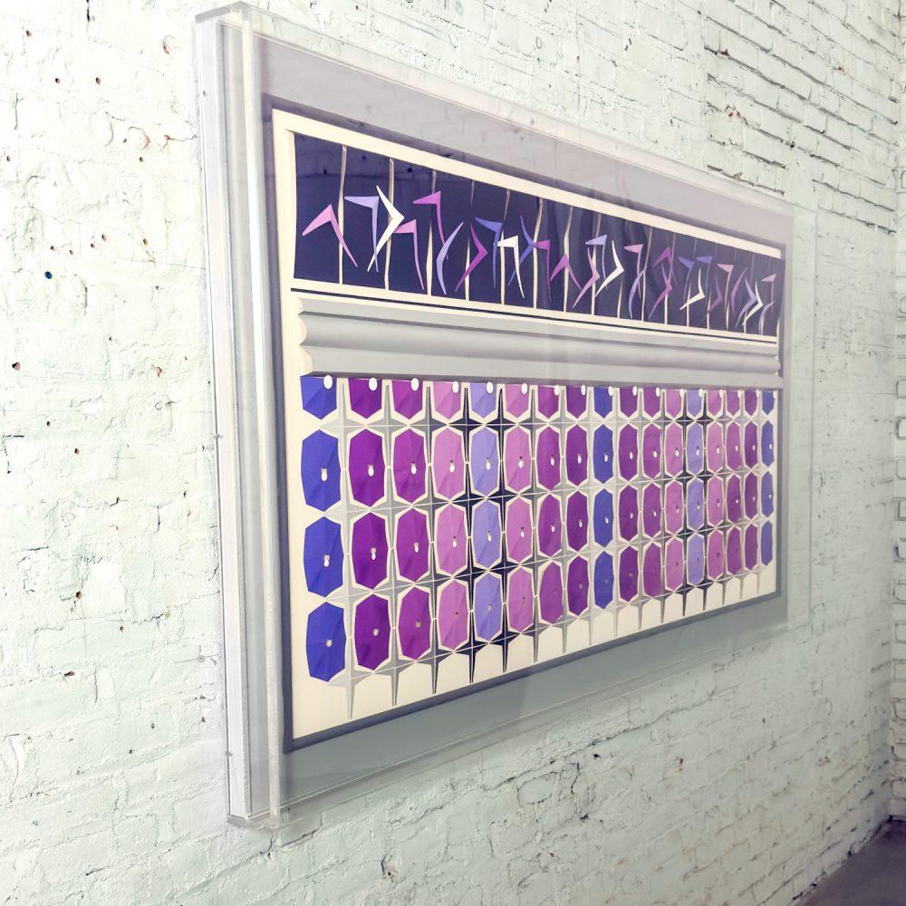 1984 Signed Abstract Geometric Large Scale 3D Origami Folded Paper Art Piece Purple Gray & White