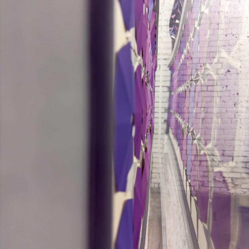 1984 Signed Abstract Geometric Large Scale 3D Origami Folded Paper Art Piece Purple Gray & White
