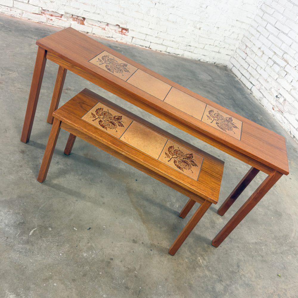 Late-20th Century Scandinavian Modern Pair of Teak Nesting Sofa Console Tables w/Tile Insert Tops