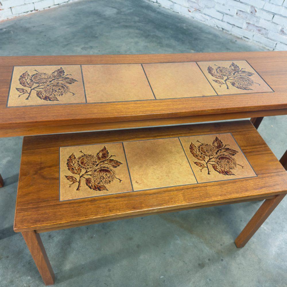 Late-20th Century Scandinavian Modern Pair of Teak Nesting Sofa Console Tables w/Tile Insert Tops