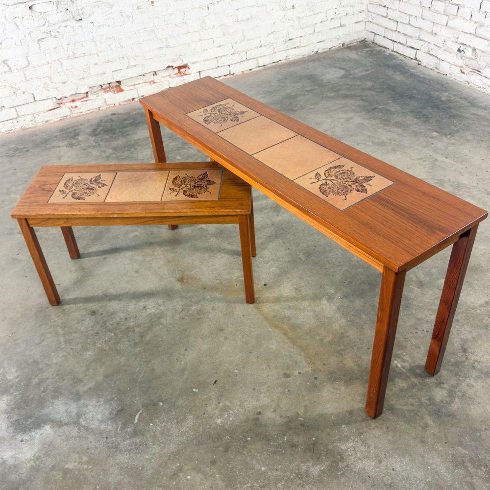 Late-20th Century Scandinavian Modern Pair of Teak Nesting Sofa Console Tables w/Tile Insert Tops