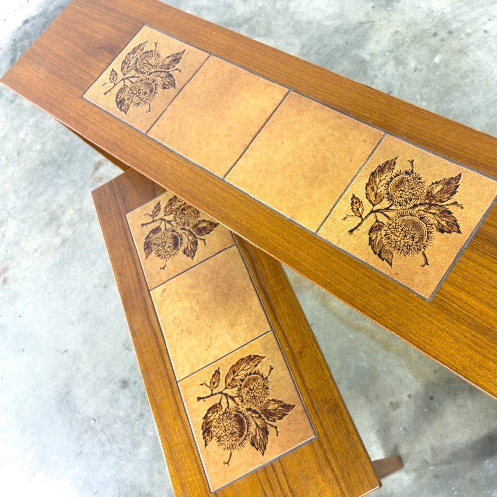 Late-20th Century Scandinavian Modern Pair of Teak Nesting Sofa Console Tables w/Tile Insert Tops