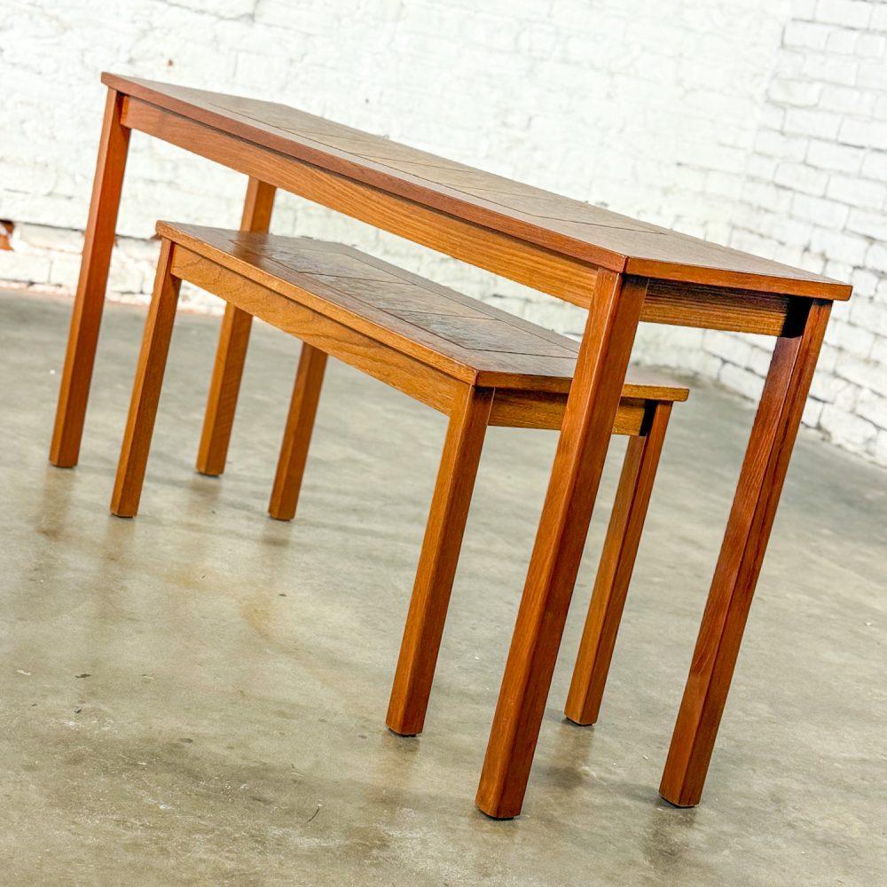 Late-20th Century Scandinavian Modern Pair of Teak Nesting Sofa Console Tables w/Tile Insert Tops