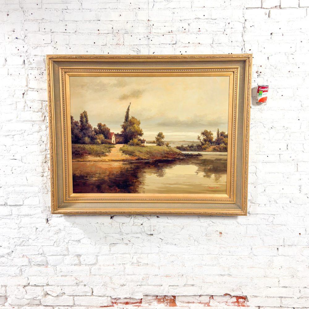 Monumental Oil Landscape Painting in Ornate Gilded Frame Signed by John K.