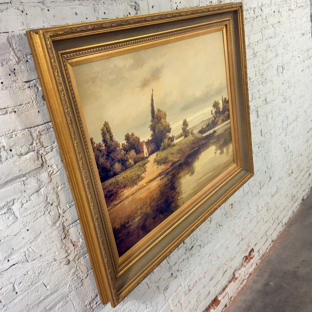 Monumental Oil Landscape Painting in Ornate Gilded Frame Signed by John K.
