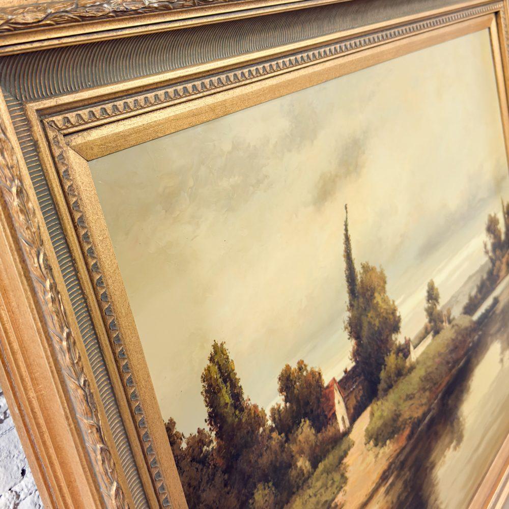 Monumental Oil Landscape Painting in Ornate Gilded Frame Signed by John K.