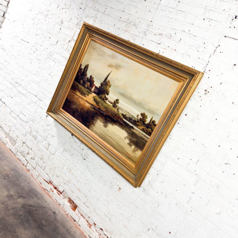 Monumental Oil Landscape Painting in Ornate Gilded Frame Signed by John K.