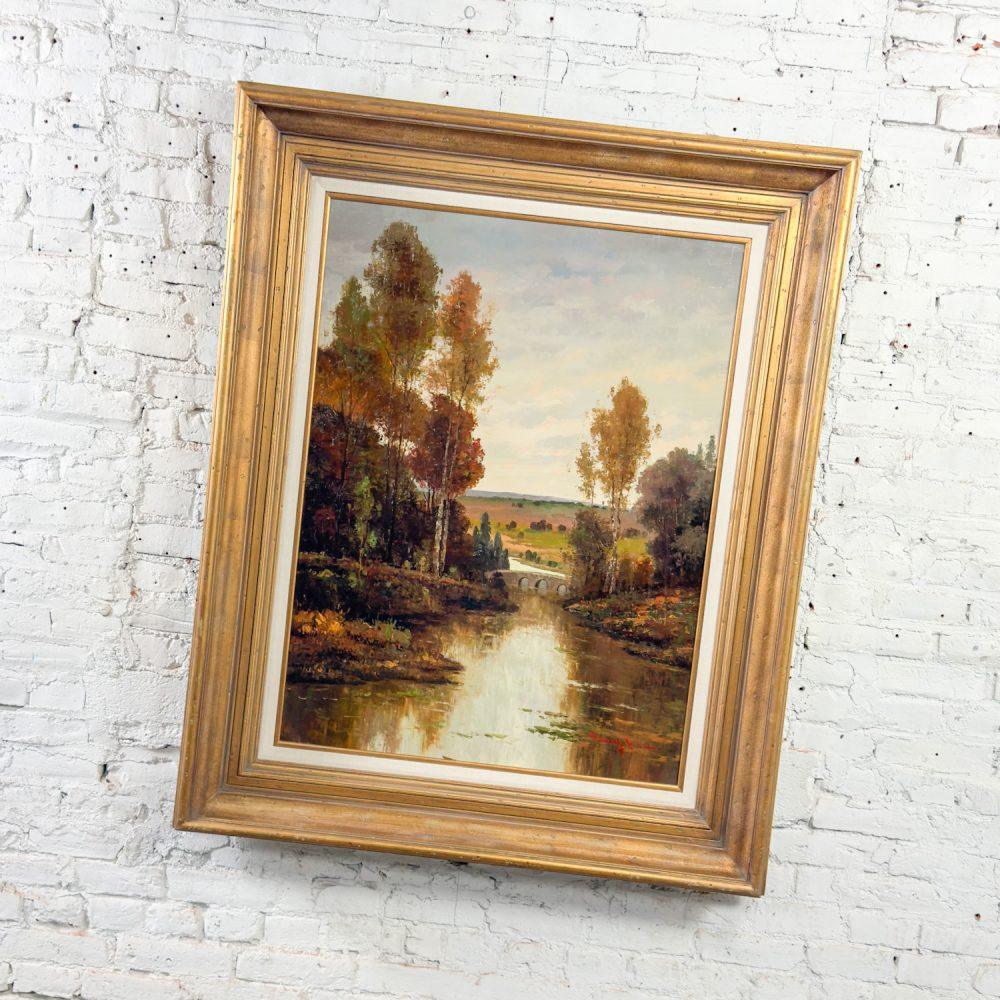 Late 20th Century Monumental Oil Landscape Painting in Ornate Gilded Frame Signed by Henry Kim