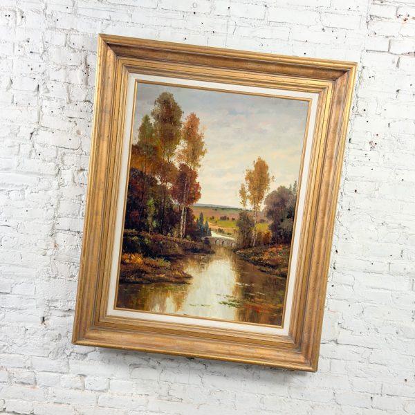 Late 20th Century Monumental Oil Landscape Painting in Ornate Gilded Frame Signed by Henry Kim