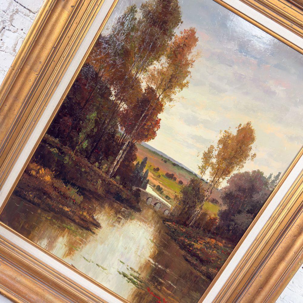 Late 20th Century Monumental Oil Landscape Painting in Ornate Gilded Frame Signed by Henry Kim