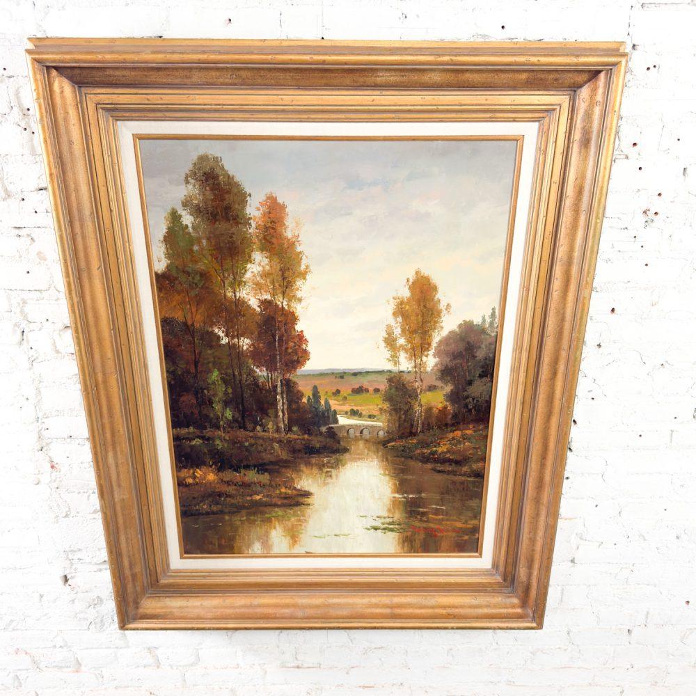 Late 20th Century Monumental Oil Landscape Painting in Ornate Gilded Frame Signed by Henry Kim
