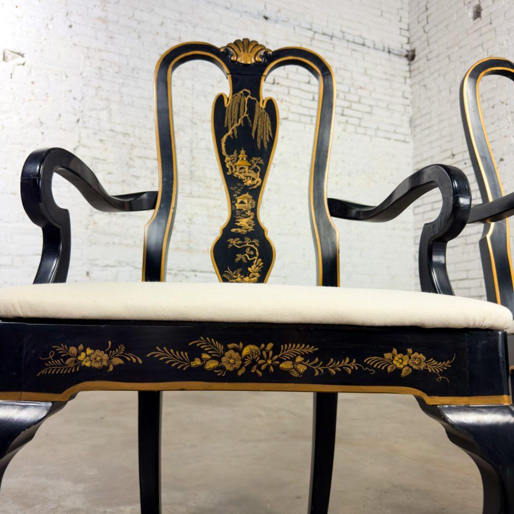 Mid-20th Century Chinoiserie & Georgian Style Pair of Host & Hostess Armchairs Black Lacquer Frames