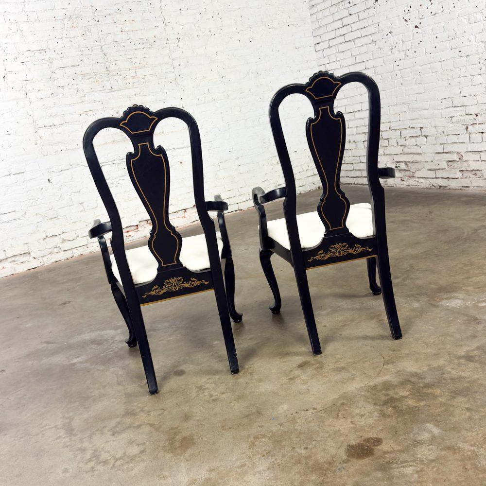 Mid-20th Century Chinoiserie & Georgian Style Pair of Host & Hostess Armchairs Black Lacquer Frames
