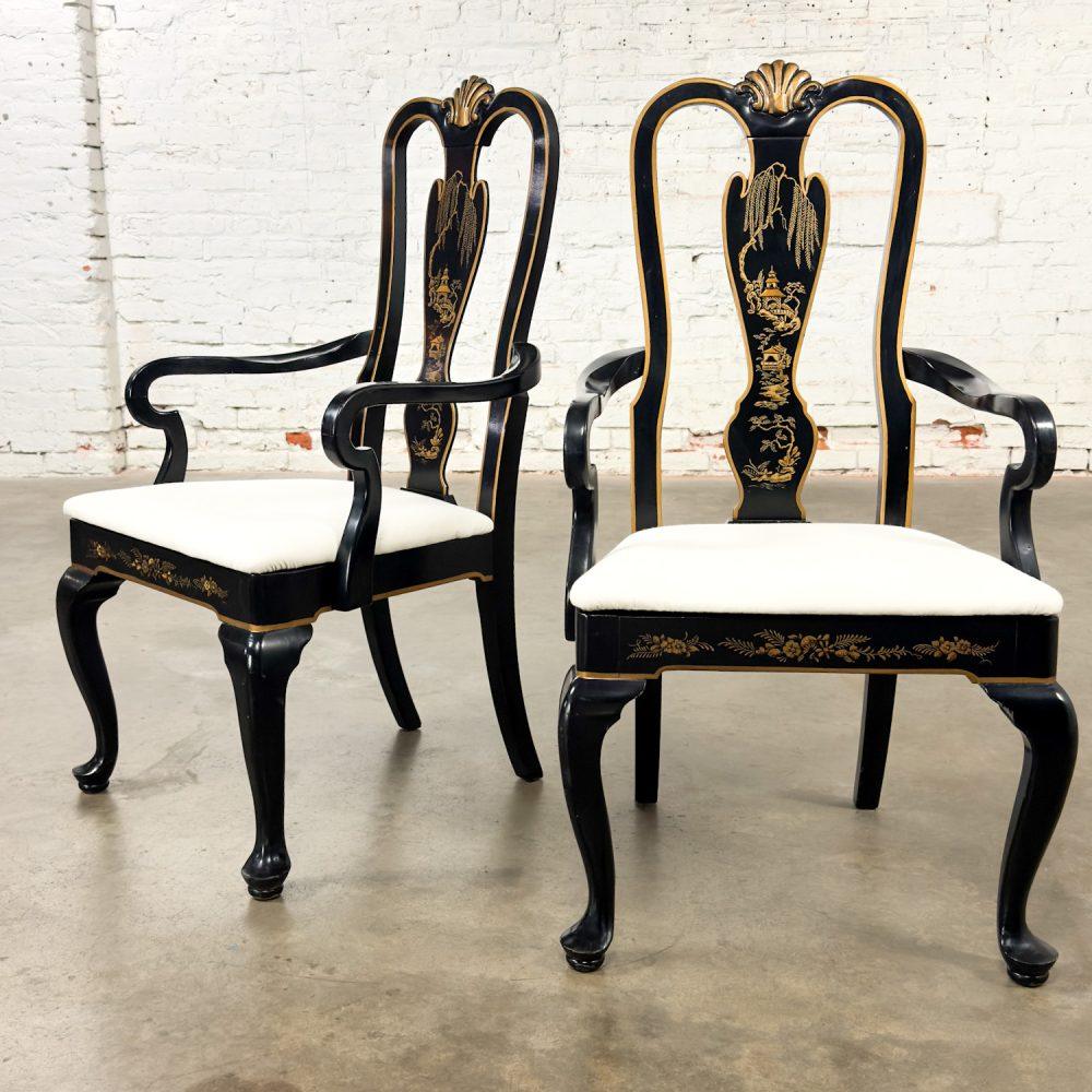 Mid-20th Century Chinoiserie & Georgian Style Pair of Host & Hostess Armchairs Black Lacquer Frames