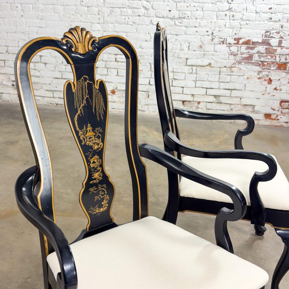 Mid-20th Century Chinoiserie & Georgian Style Pair of Host & Hostess Armchairs Black Lacquer Frames