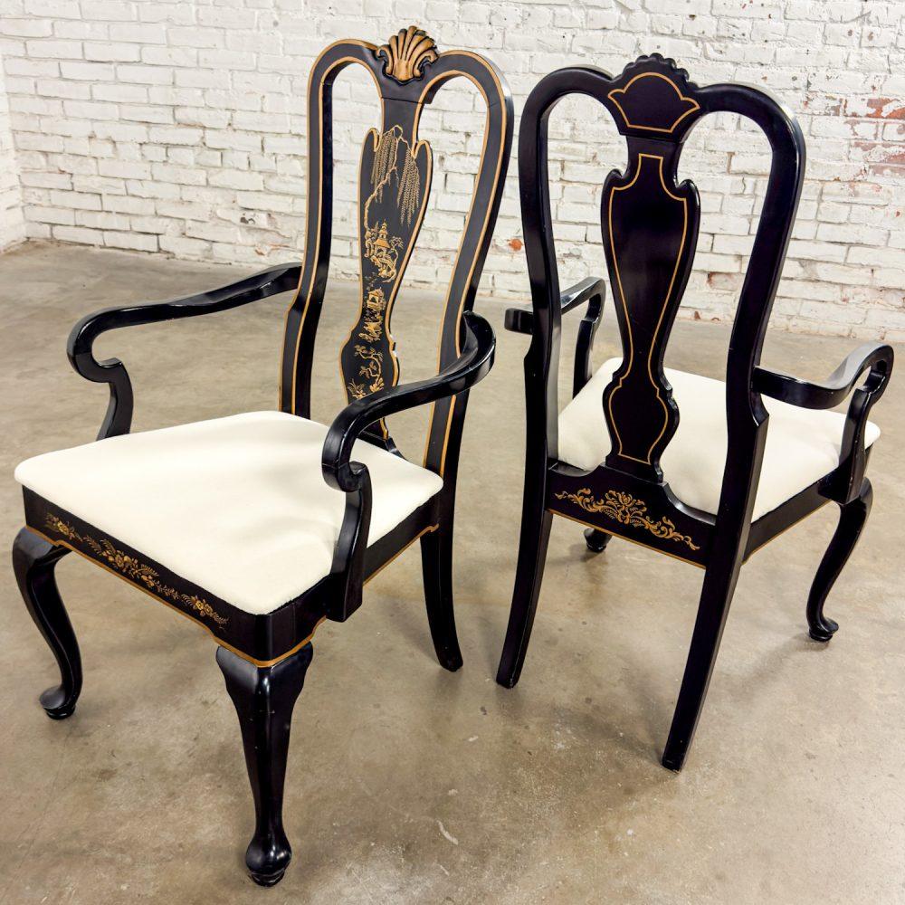 Mid-20th Century Chinoiserie & Georgian Style Pair of Host & Hostess Armchairs Black Lacquer Frames