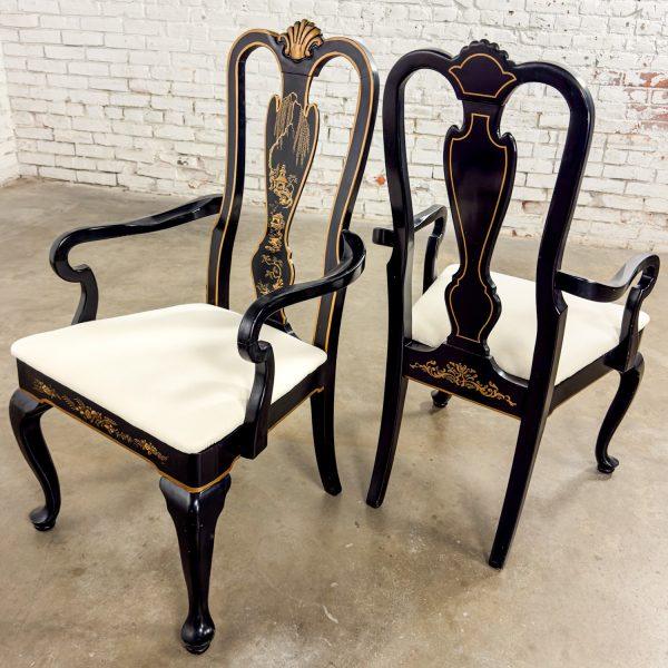 Mid-20th Century Chinoiserie & Georgian Style Pair of Host & Hostess Armchairs Black Lacquer Frames
