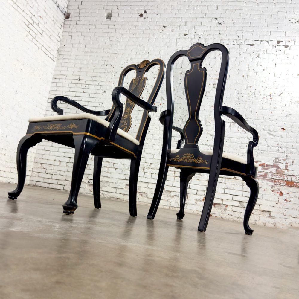 Mid-20th Century Chinoiserie & Georgian Style Pair of Host & Hostess Armchairs Black Lacquer Frames