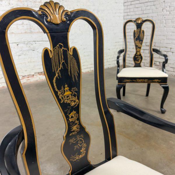 Mid-20th Century Chinoiserie & Georgian Style Pair of Host & Hostess Armchairs Black Lacquer Frames